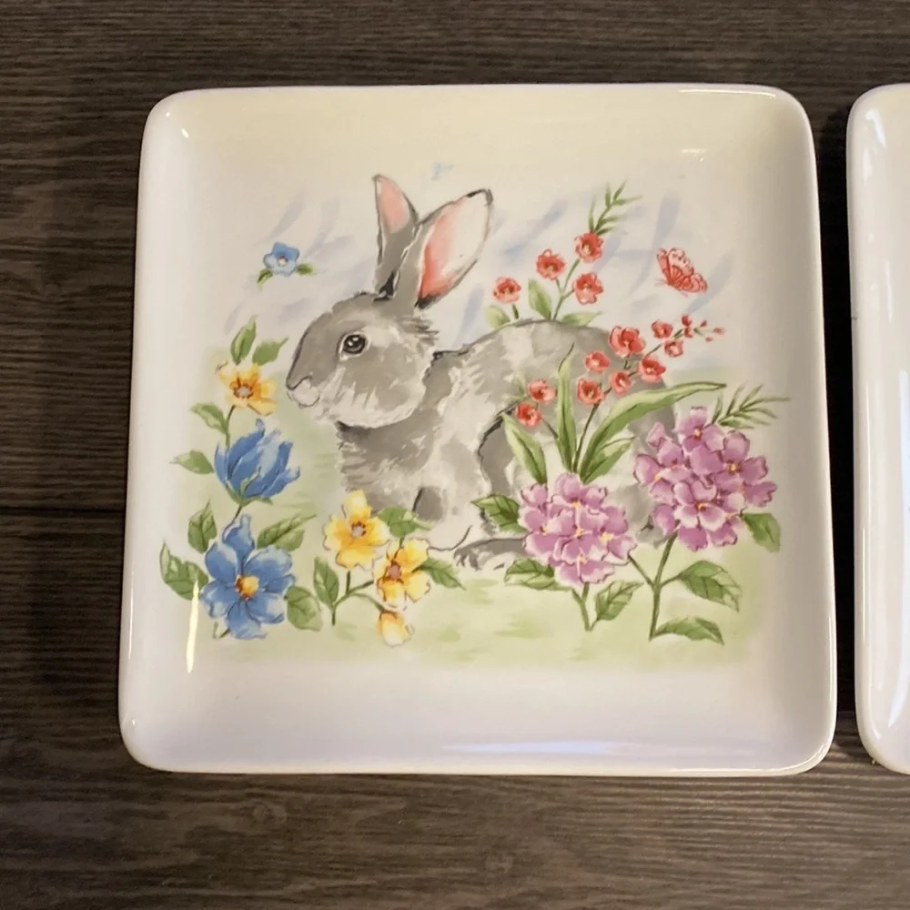 Spring Flowers & Bunny serving plates. White. Set of 2. Colorful Pastels.